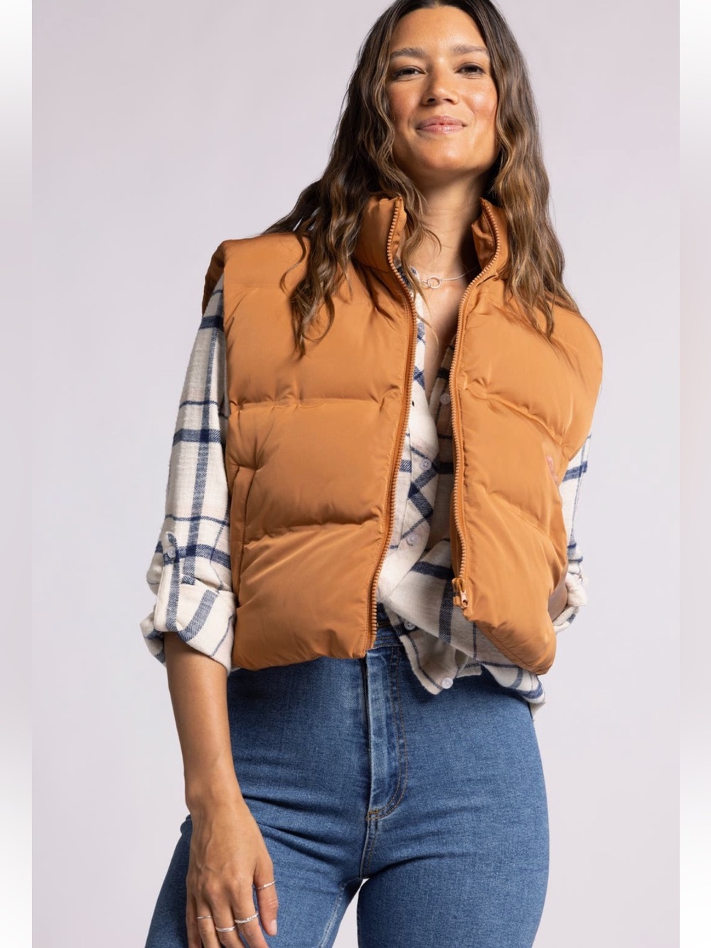 Thread & Supply Issy Puffer Vest Sz M w MEASUREMENTS Cropped Style Caramel Colot - Picture 1 of 12